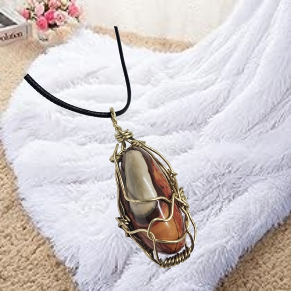 Jasper Hand Wired Pendant with Waxed Black Leather Necklace - Picture 7 of 7